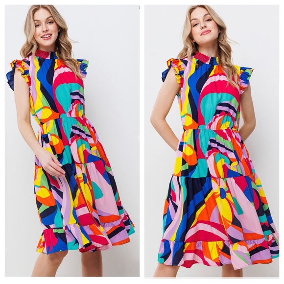 03 Chic Multi Color Ruffled Sleeve Tiered Midi Dress - Picture 5 of 5